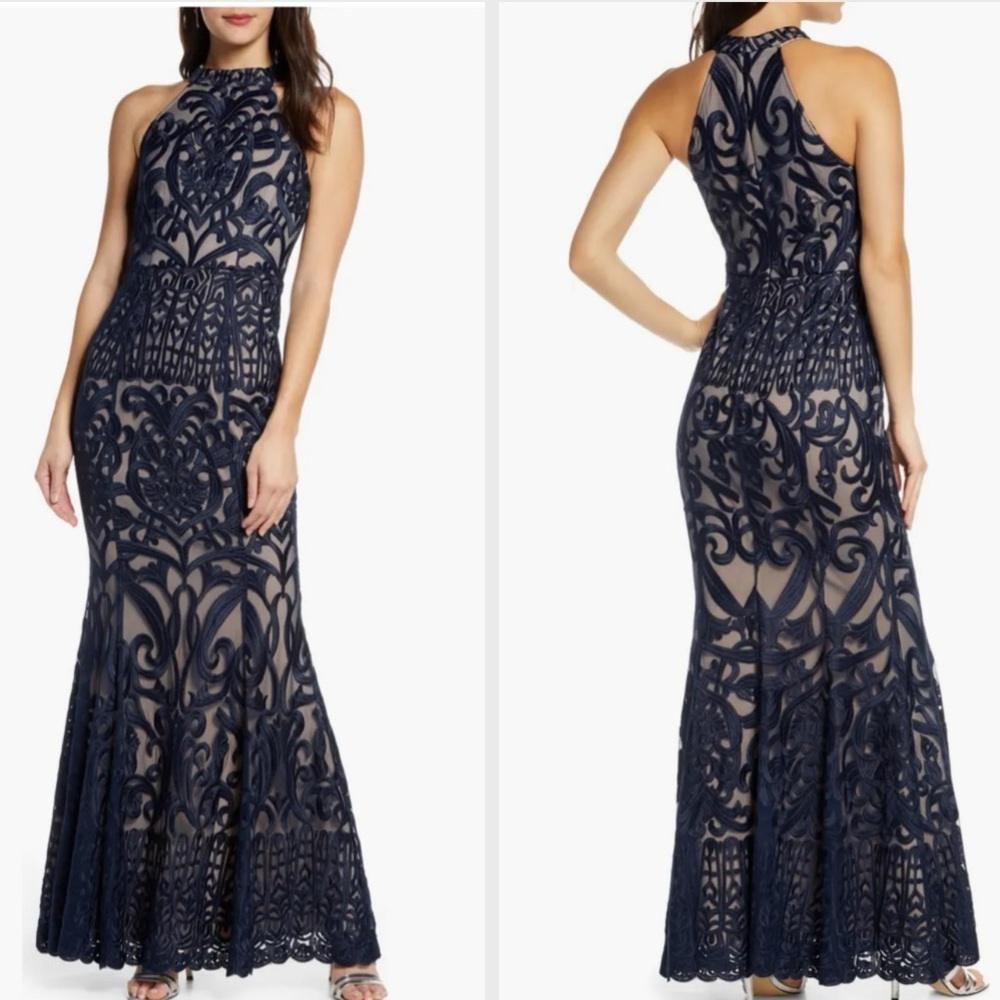 Foxiedox Alina Embroidered Halter Dress Halter Neck Trumpet Gown New with Tags
